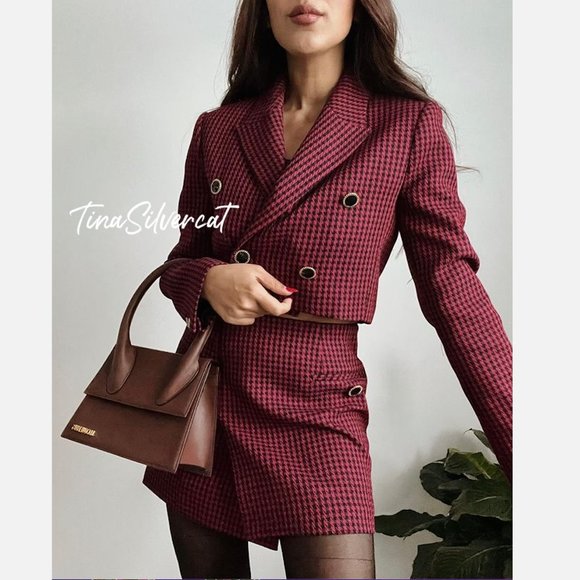 BLOGGER'S FAVE! Zara Red Black Houndstooth Mini Skirt Sz XS NWT